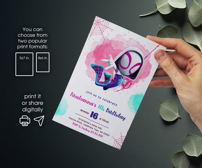 Spider Gwen Ghost Spideyinvite template, customizable, Share or Print, girl | CA282