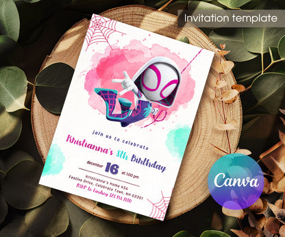 Spider Gwen Ghost Spideyinvite template, customizable, Share or Print, girl | CA282